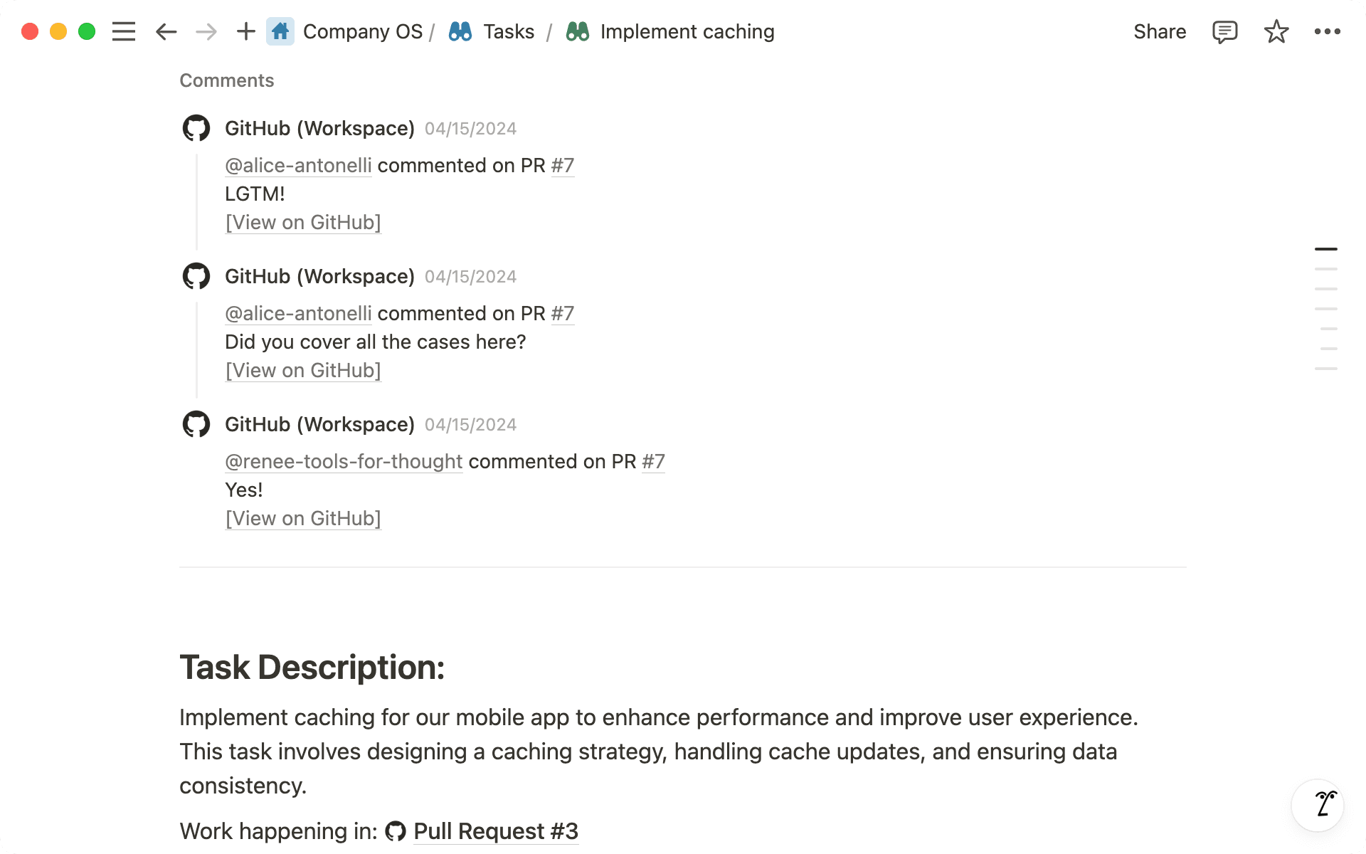 GitHub activity show up as page comments in Notion tasks.