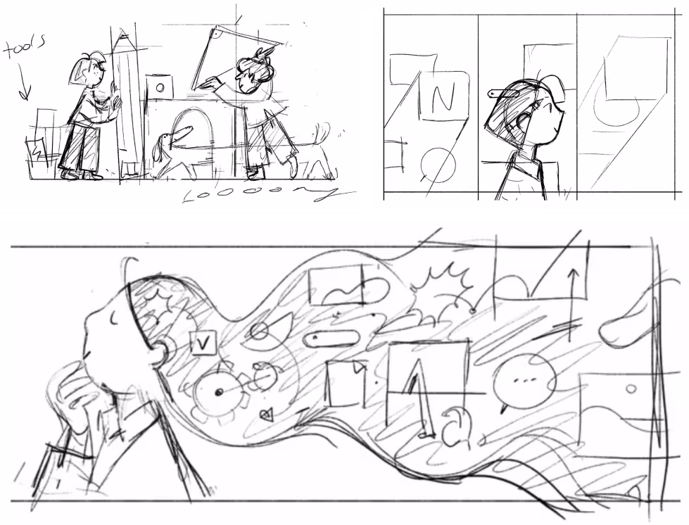 Sketches of Think it. Make it. by Roman Muradov, Notion’s long-time illustrator. A visual representation of the mind at work. If you can think up an idea, you can make almost anything happen.