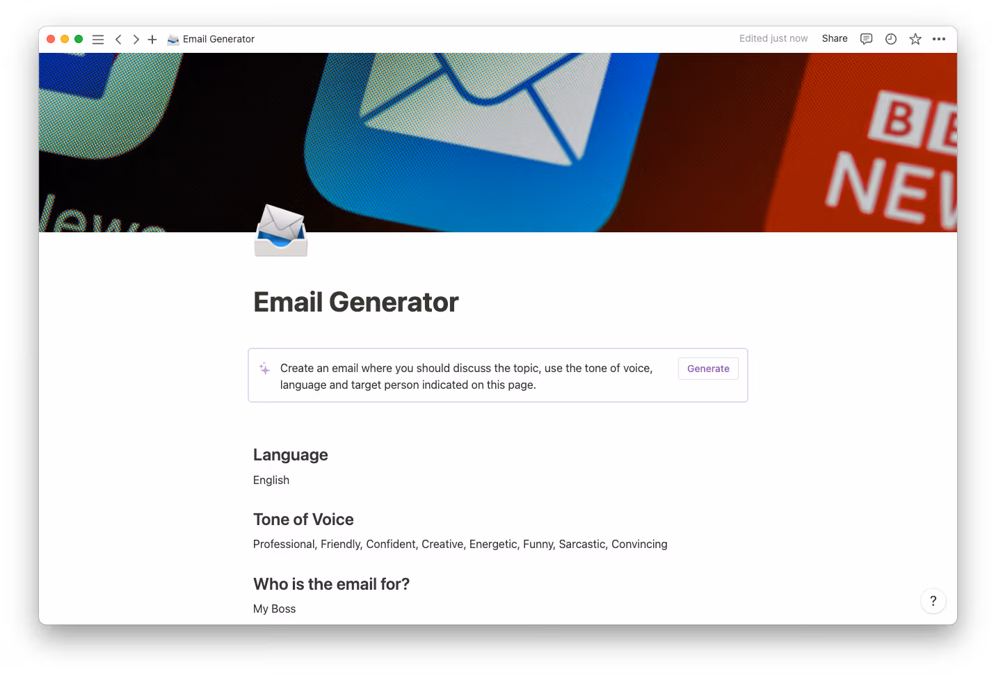Email generator template