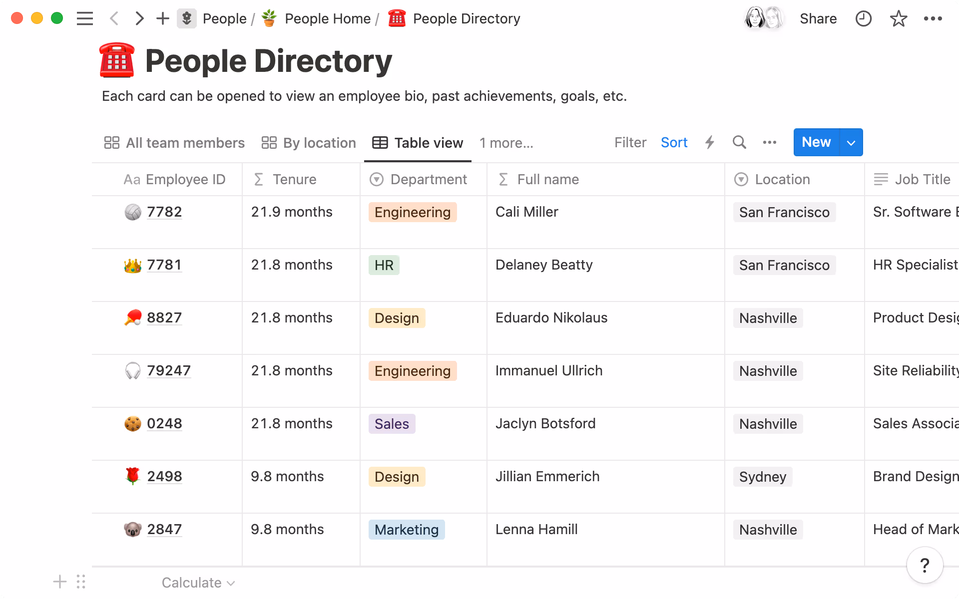 Use formulas to calculate employee tenure and names.