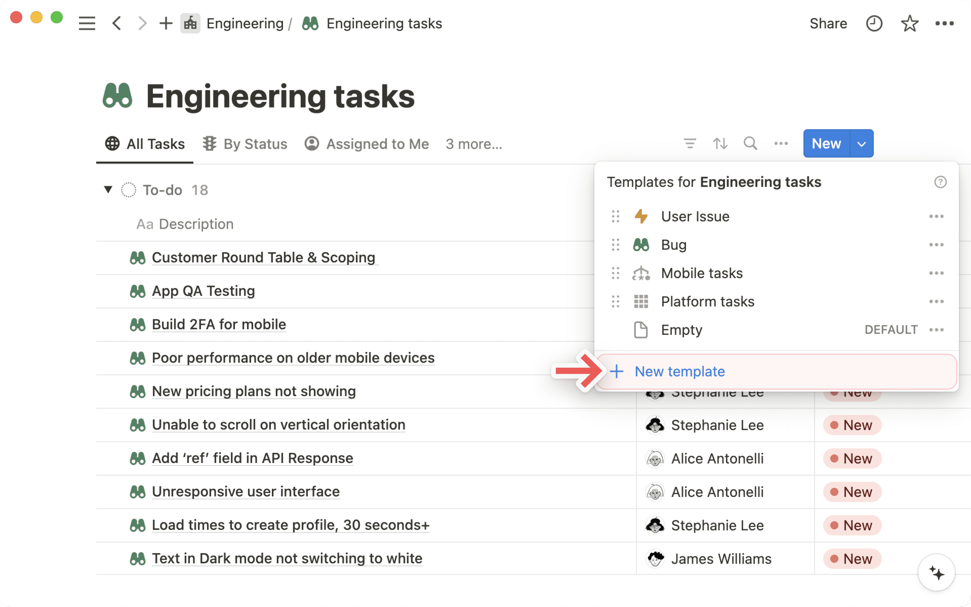 New DB template from dropdown